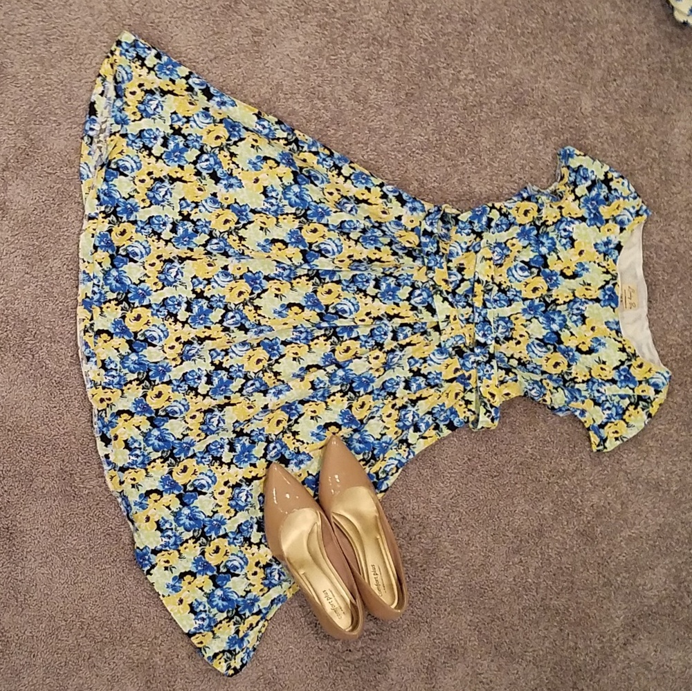 Yellow blue and black floral full skirt dress